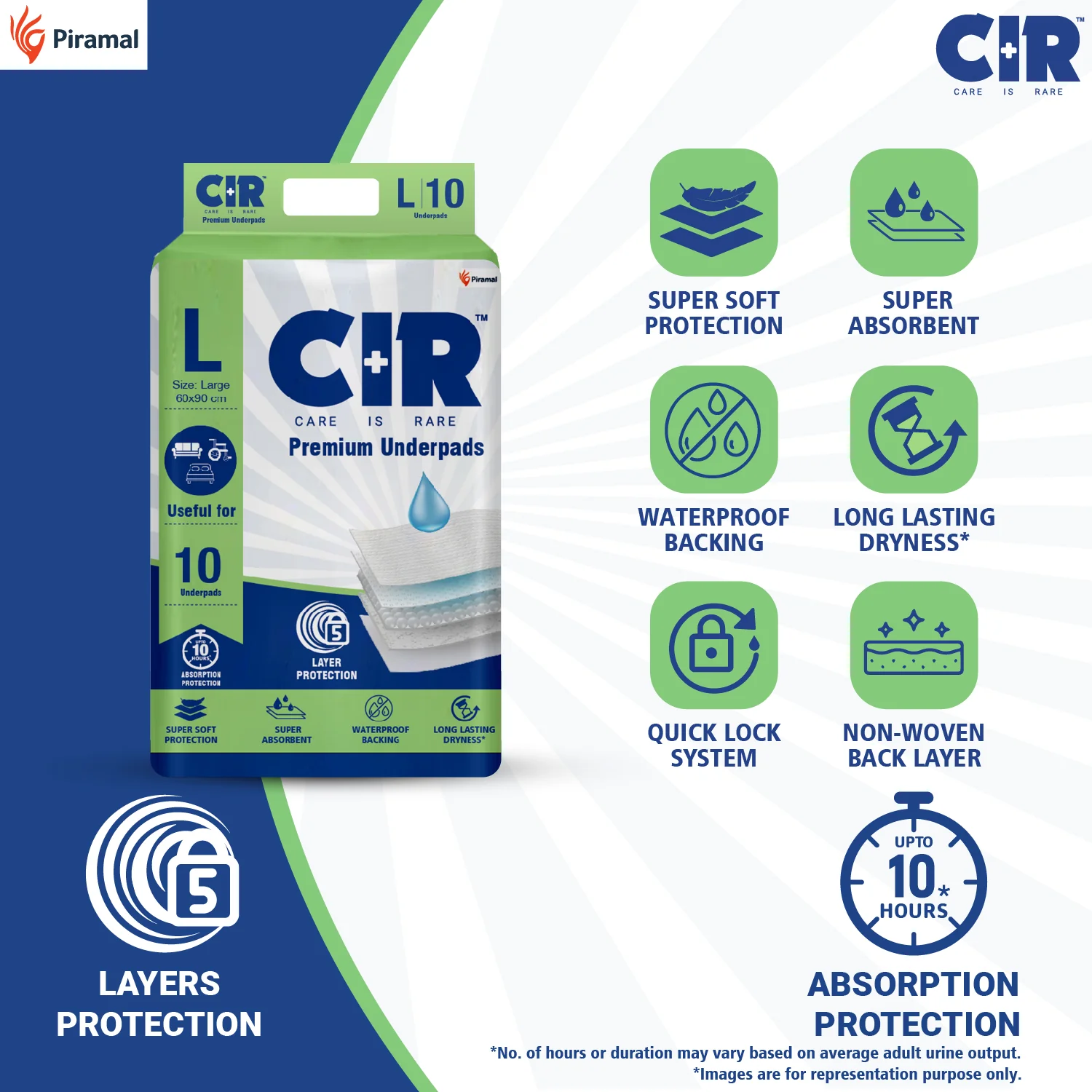 CIR Premium Underpads, Large (90x60cm) I 10 hrs Absorption Protection I 10 Units I Waterproof I Protects Surfaces from Incontinence I Super Soft Polymer - Image 3