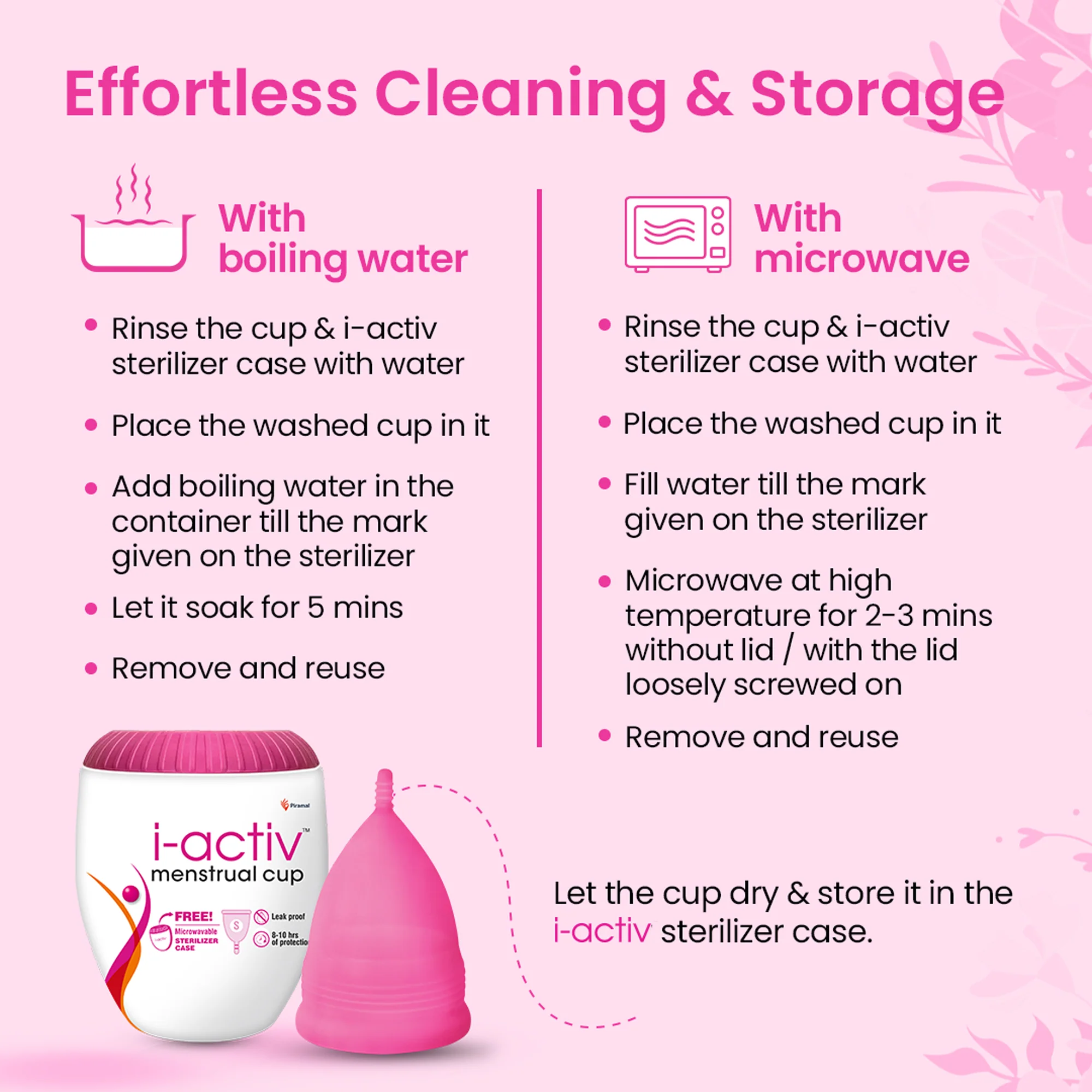 i-activ Menstrual Cup for Women with free sterilizer case | Rash-Free, Leak-Free & Ultra soft Cup with Pouch| 100% Medical Grade Silicone | 8-10 hrs protection - Image 5