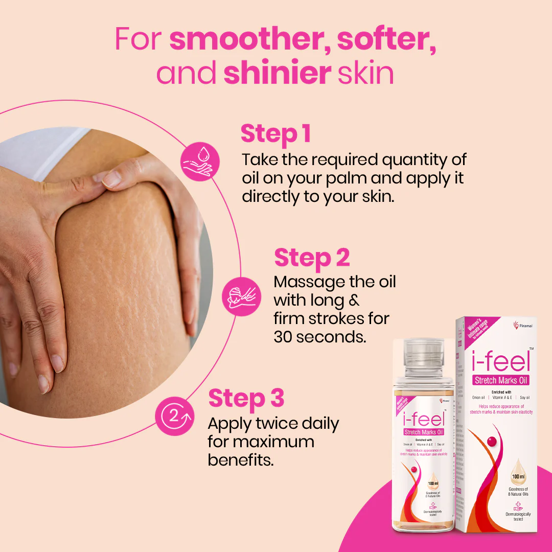 i-feel stretch marks oil |For Stretch marks removal, even toned skin |With Goodness of Vitamin A, E and natural oils| 100 ml| Dermatologically tested - Image 6