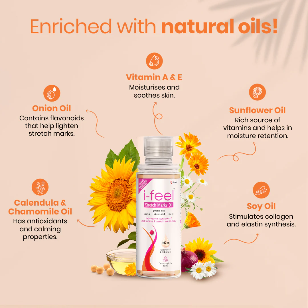 i-feel stretch marks oil |For Stretch marks removal, even toned skin |With Goodness of Vitamin A, E and natural oils| 100 ml| Dermatologically tested - Image 7