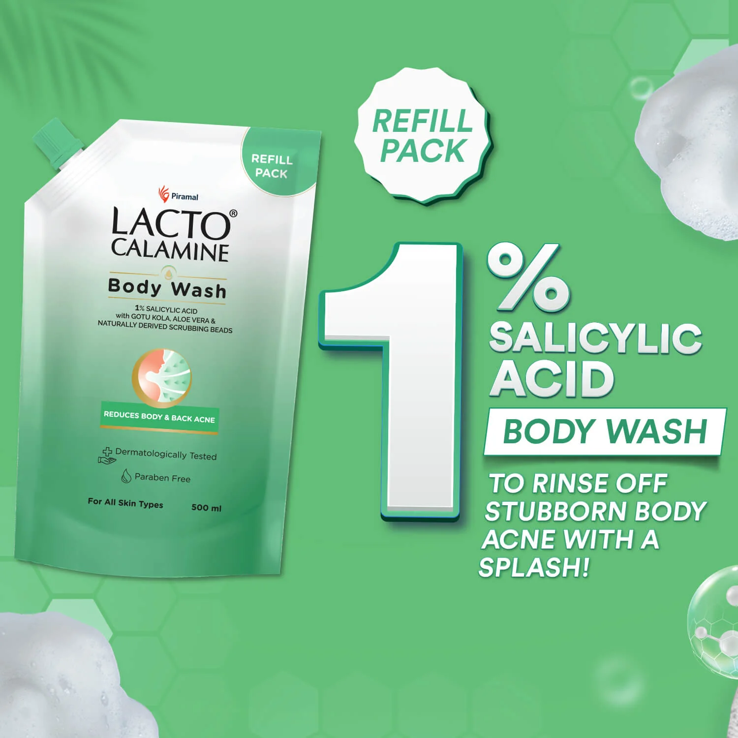 Lacto Calamine  1% Salicylic Acid Body Wash | Pouch Pack | With Cica, Aloe Vera, Turmeric & Naturally Derived Scrubbing Beads |Reduce Stubborn Body Acne | For Women| - Image 3