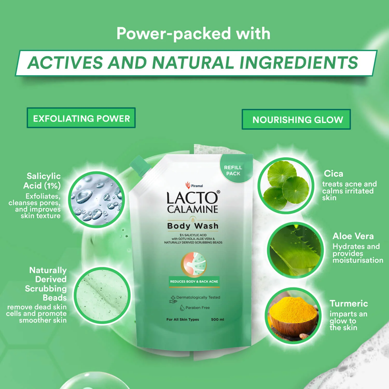 Lacto Calamine  1% Salicylic Acid Body Wash | Pouch Pack | With Cica, Aloe Vera, Turmeric & Naturally Derived Scrubbing Beads |Reduce Stubborn Body Acne | For Women| - Image 4