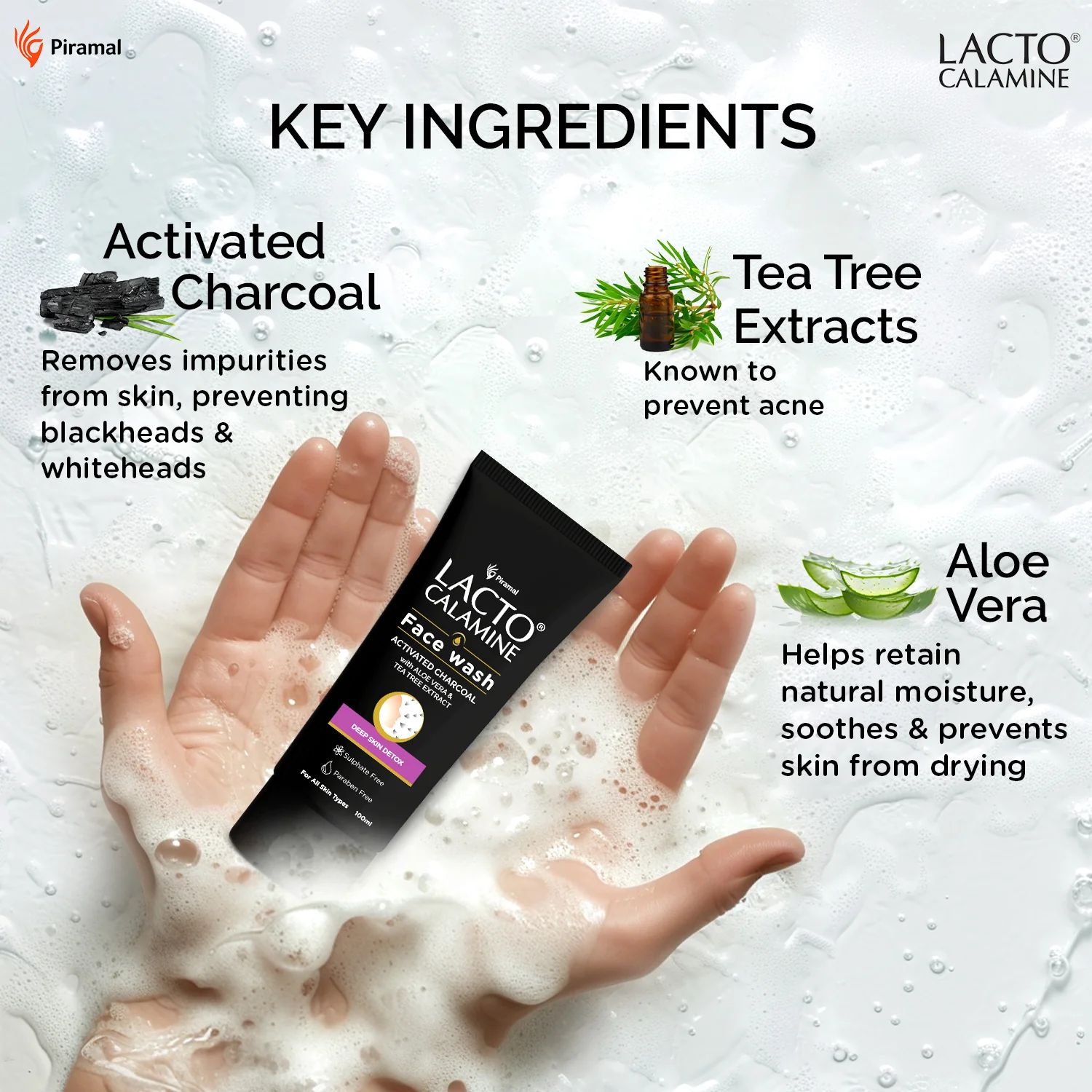 Lacto Calamine Activated Charcoal Face Wash with Aloe Vera & Tea Tree Extract for Deep Skin Detox. Removes impurities and fights blackheads & whiteheads. No Parabens, No Sulphates - 100 ml - Image 3