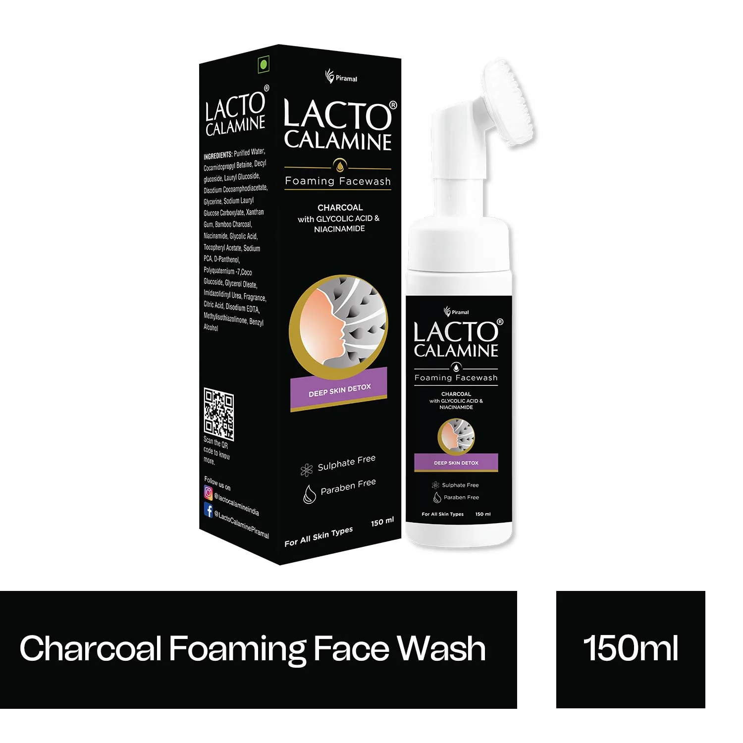 Lacto Calamine Charcoal Foaming Face wash| Deep skin Detox | Cleanse skin impurities | With Built-in foaming Brush | Sulphate free Face wash | Paraben Free| 150 ml - Image 7