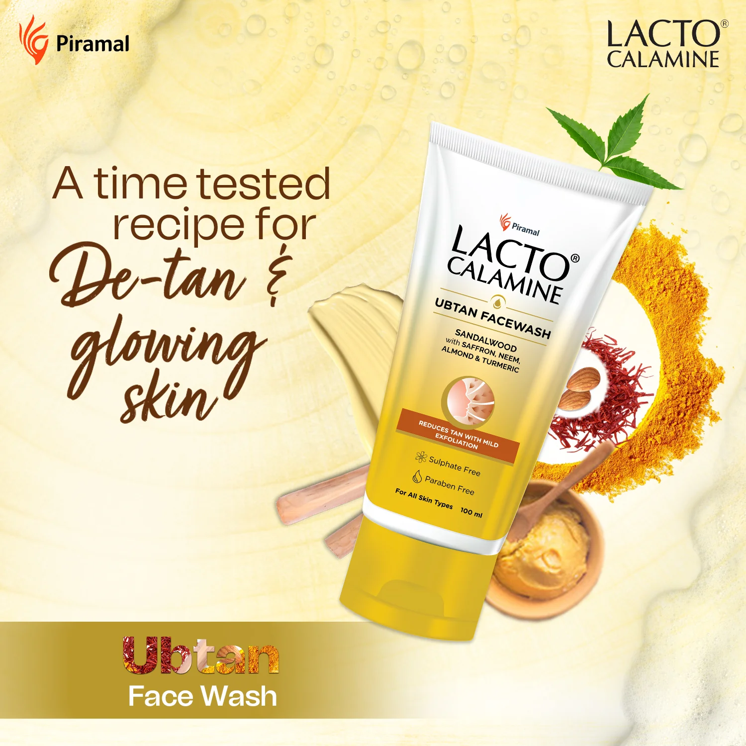 Lacto Calamine Ubtan Facewash with Sandalwood, Saffron, Neem, Almond & Turmeric |Reduces tan with mild exfoliation | Sulphate, Paraben Free| Suitable for all skin types | 100 ml - Image 3