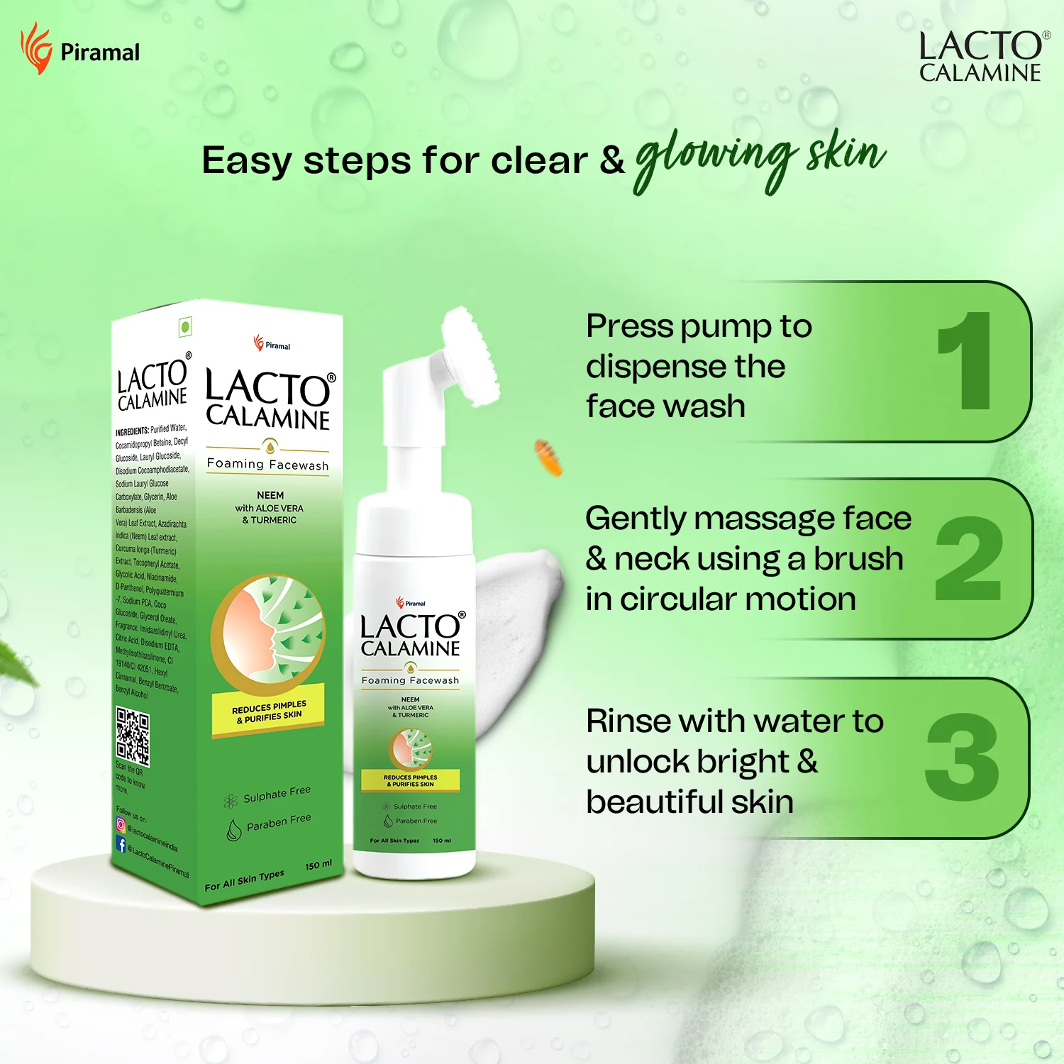 Lacto Calamine Neem Aloe Turmeric Foaming Face wash| Reduces pimples| Purifies skin| With Built-in foaming Brush|Sulphate free face wash|Paraben Free| 150 ml - Image 3