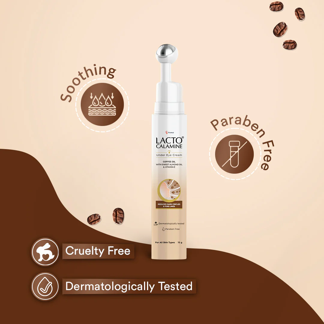 Lacto Calamine Under Eye Cream For Dark Circles for Women & Men | Fine Lines & Puffy Eyes With Cooling Massage Roller | With Coffee Oil, Multi-Peptides, Niacinamide, & Vitamin E | 15g - Image 4