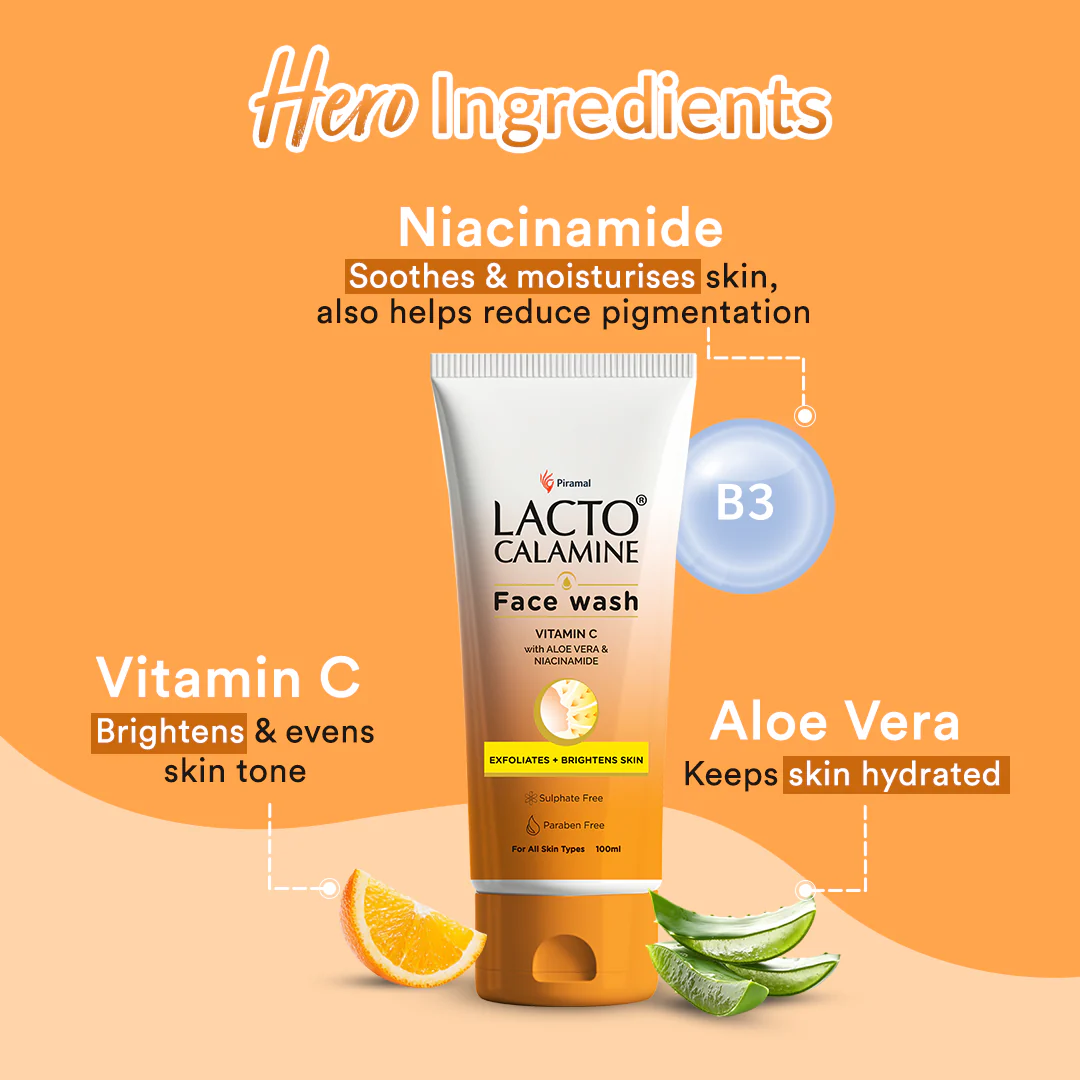 Lacto Calamine Vitamin C face wash with Aloe Vera & Niacinamide for bright and glowing skin | Exfoliates skin, reduces pigmentation, No parabens, no sulphates – (100 ml ), Orange - Image 4