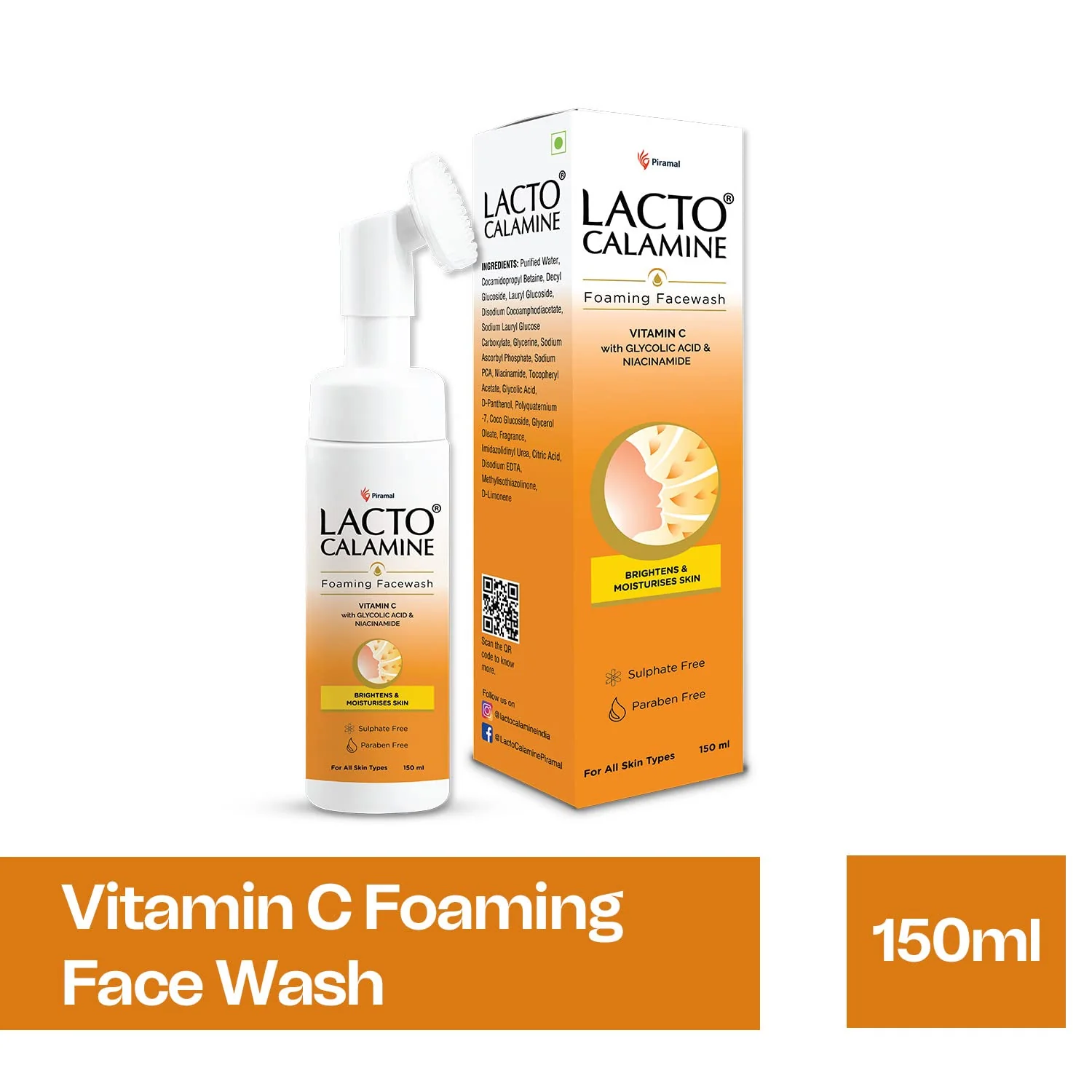 Lacto Calamine Vitamin C Foaming Face wash| Brightens skin & control blackheads & whiteheads| With Built-in foaming Brush | Sulphate free face wash | Paraben Free| 150 ml - Image 8