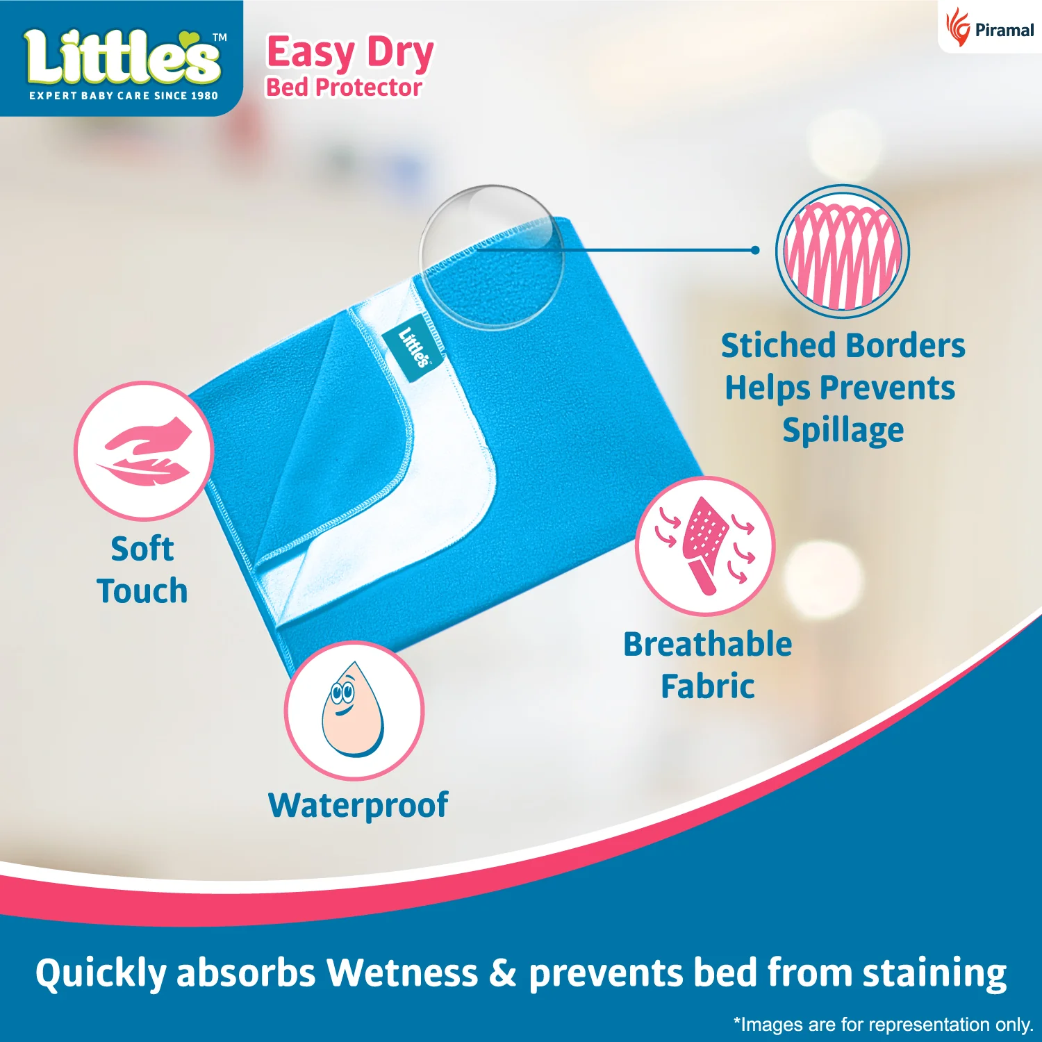 Little's New Born Gift Combo (Comfy Baby Pants | New Born Diapers Pack of 1, Little's Soft Cleansing Baby Wipes Lid Pack of 1 | Contains Aloe Vera & Jojoba Oil -80 Wipes, Soft baby Ball, Junior Ring I Toys for Babies, Easy Dry Bed Protector Blue) - Image 6