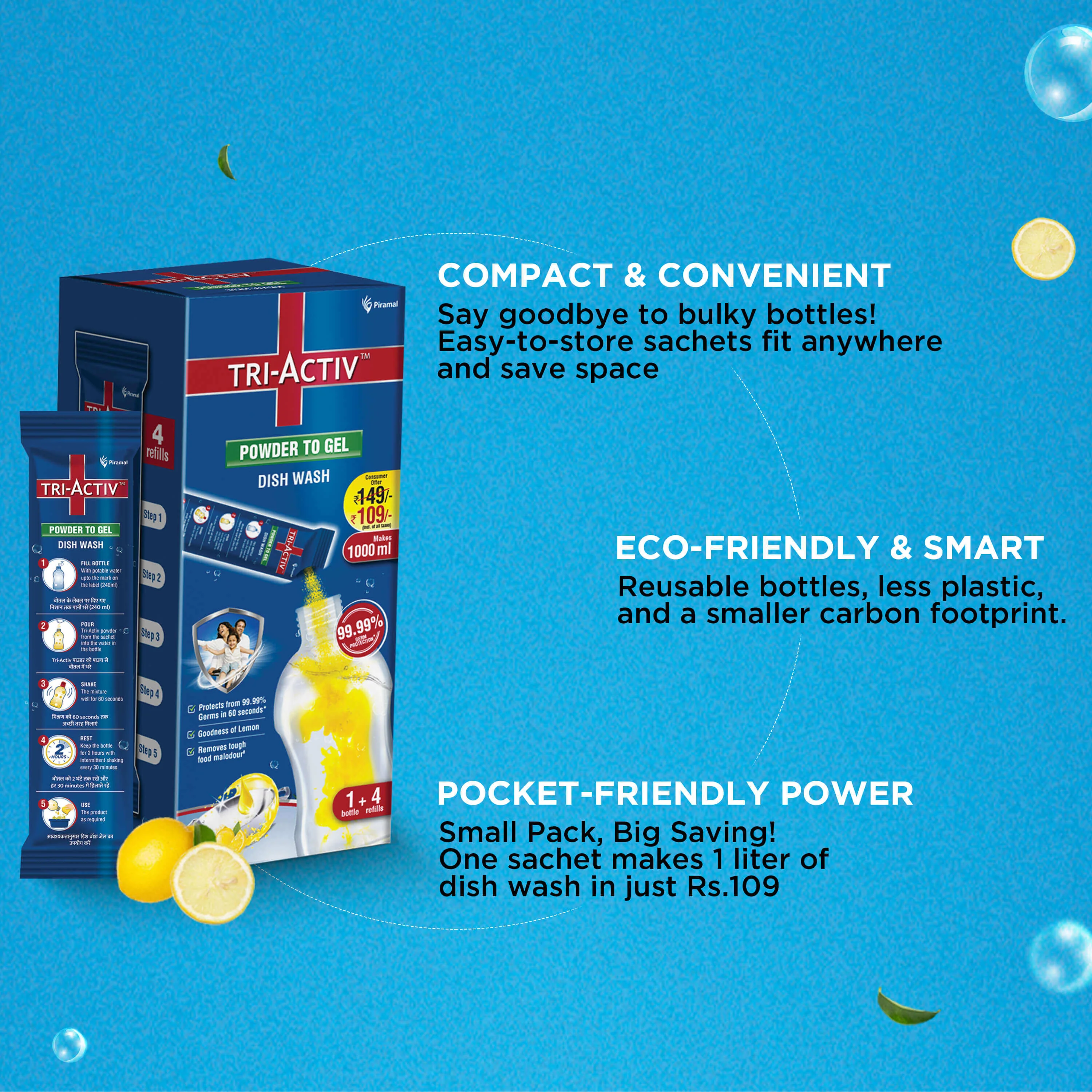 Tri-Activ Powder to Gel Dish Washing Liquid | Makes 1000ml Dishwasher Gel | Leaves No Residue | Grease Cleaner for Utensils | Liquid Kitchen Soap | Safe On Hands | Removes Odour - Lemon - Image 4