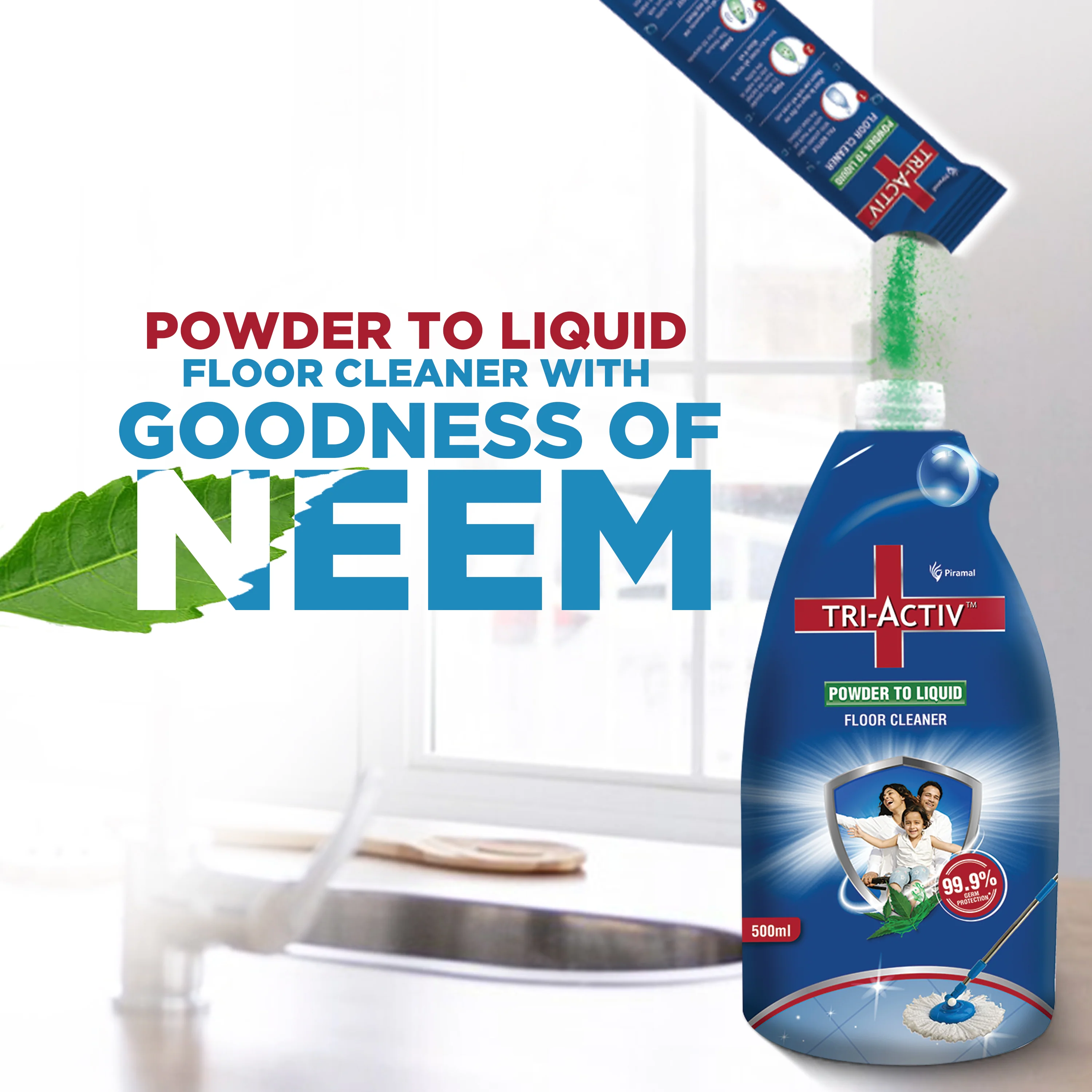 Tri-Activ Powder to Liquid Floor Cleaner | Makes 1500ml Floor Cleaning Liquid | Disinfectant Surface & Floor Cleaner Liquid | Suitable for All Floor Cleaner Mops | Kills 99.9% Germs - Neem - Image 4