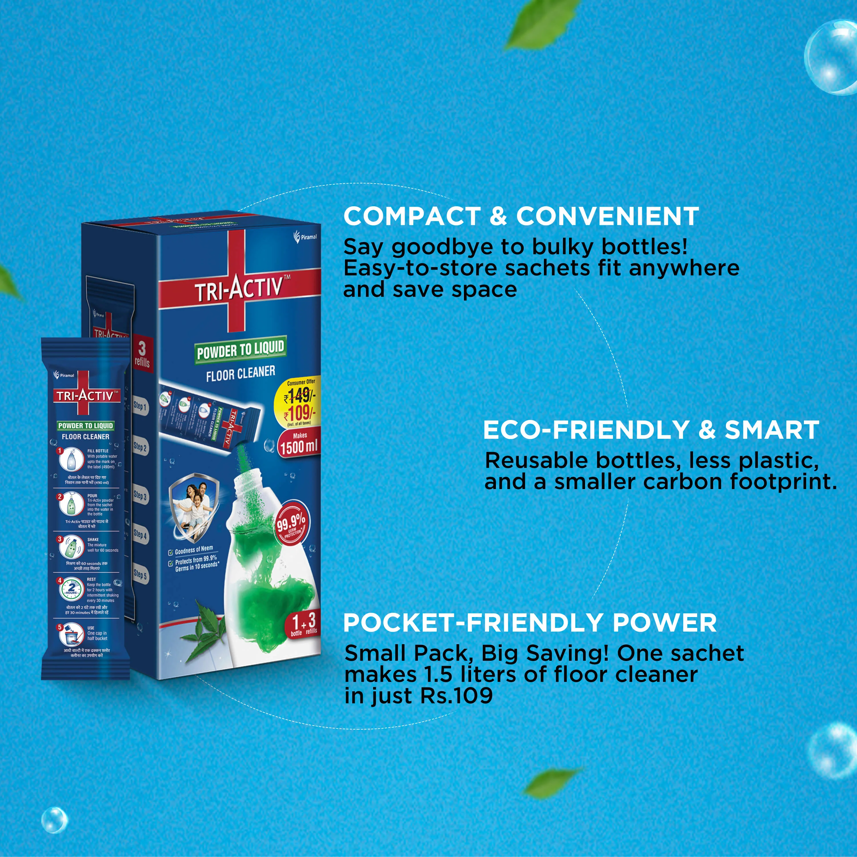 Tri-Activ Powder to Liquid Floor Cleaner | Makes 1500ml Floor Cleaning Liquid | Disinfectant Surface & Floor Cleaner Liquid | Suitable for All Floor Cleaner Mops | Kills 99.9% Germs - Neem - Image 5