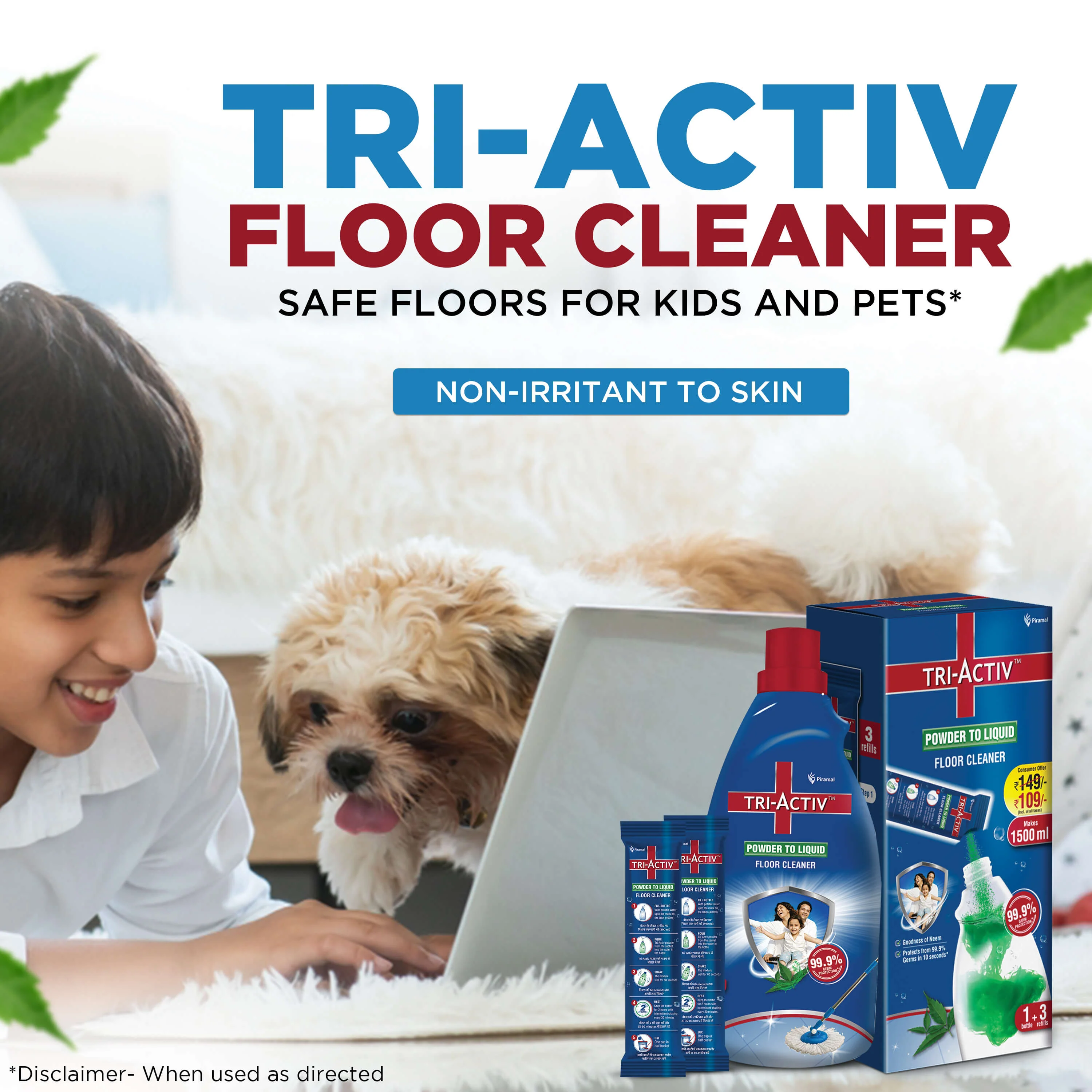 Tri-Activ Powder to Liquid Floor Cleaner | Makes 1500ml Floor Cleaning Liquid | Disinfectant Surface & Floor Cleaner Liquid | Suitable for All Floor Cleaner Mops | Kills 99.9% Germs - Neem - Image 6