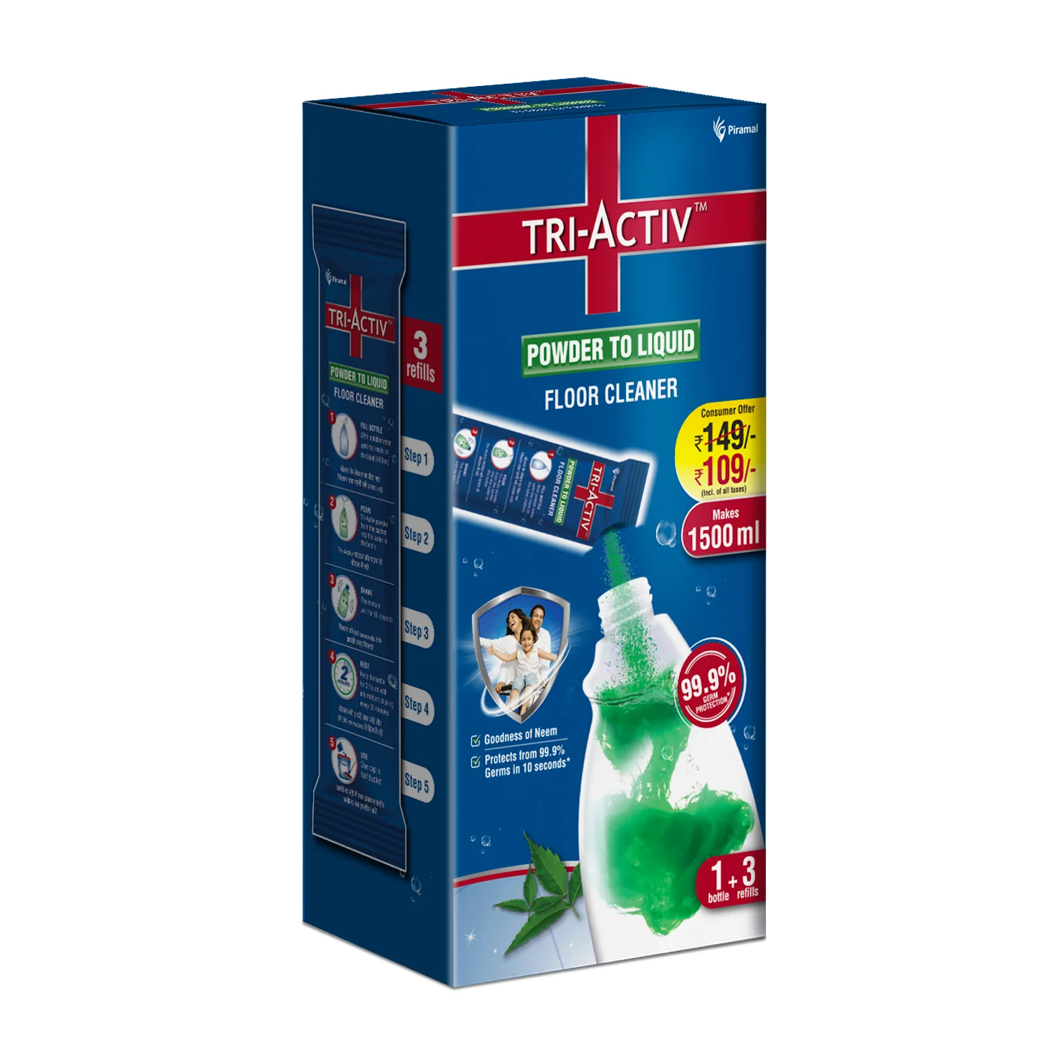 Tri-Activ Powder to Liquid Floor Cleaner | Makes 1500ml Floor Cleaning Liquid | Disinfectant Surface & Floor Cleaner Liquid | Suitable for All Floor Cleaner Mops | Kills 99.9% Germs - Neem - Image 9